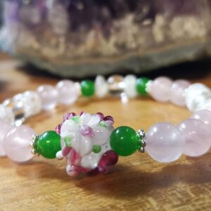 Bracelet Quartz Rose, Cristal de Roche, Jade et perle en Pâte de verre
