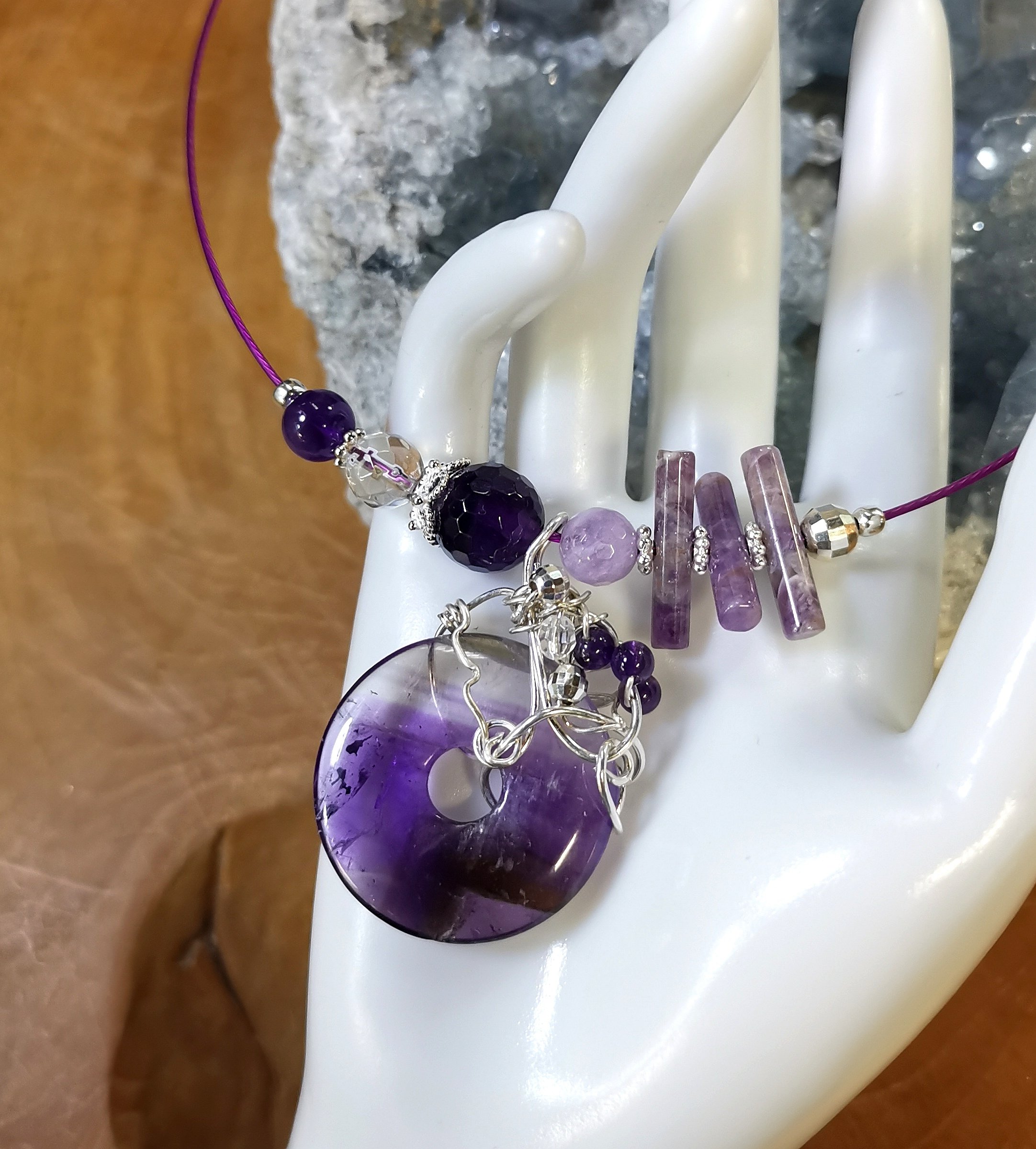 Collier Amethyste Argent sur câble en acier gainé