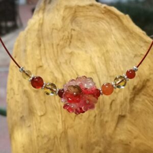 Collier, Cornaline, Citrine, perles de Verre et Argent monté, sur câble acier gainé