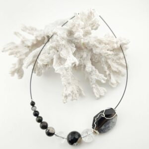 Collier monté sur Câble acier gainé, Onyx, Agate,Cristal de Roche,Argent 925